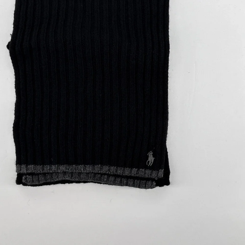 Polo Ralph Lauren Mens Black Wool Blend Ribbed Knit Scarf Grey Pony Logo 70X9 IN